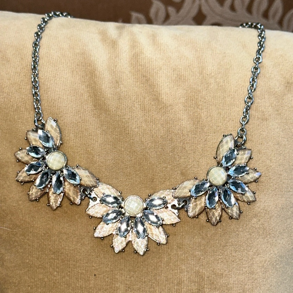 Statement Necklace Clear Rhinestone With Cream Co… - image 3